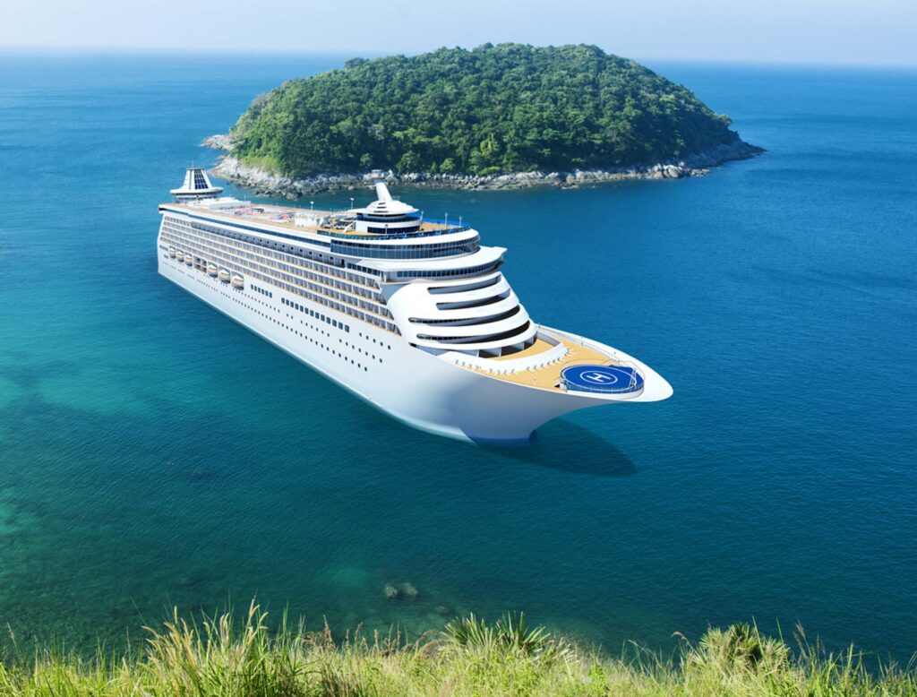 Cruise ship at sea near a small island