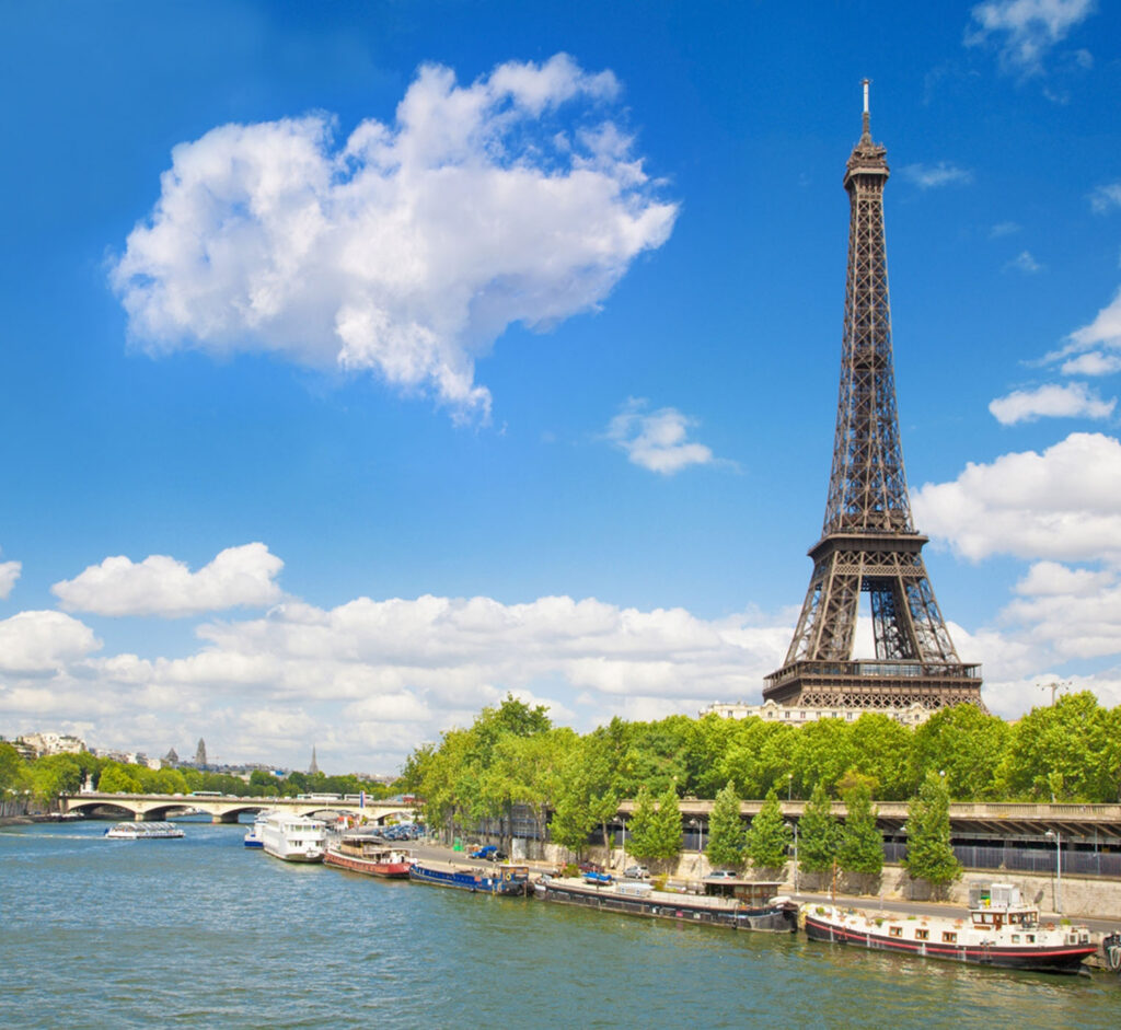Paris, France, with a view of the Eiffel Tower near the river